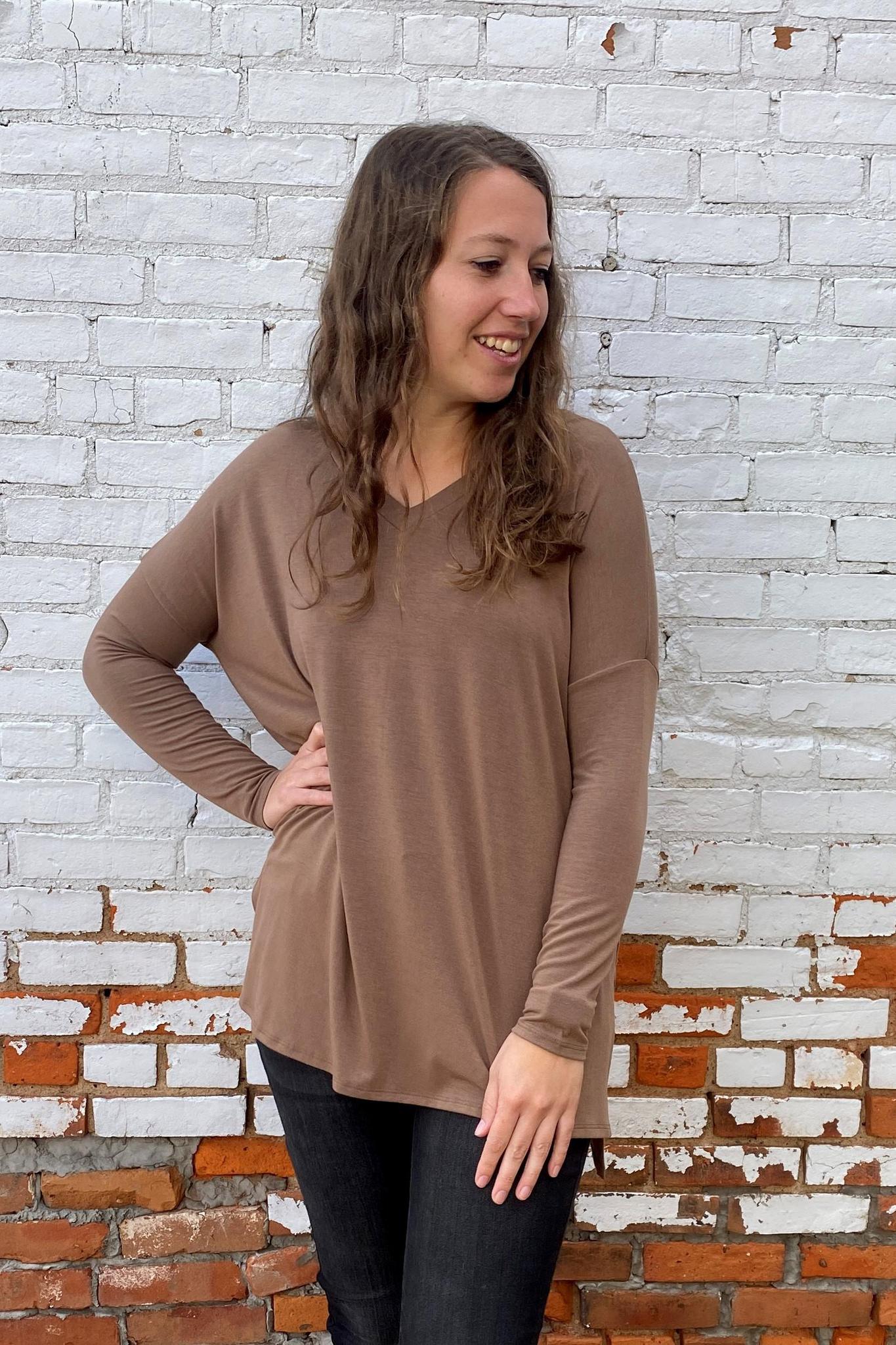 Dolman Long Sleeve V-Neck Top - Mocha