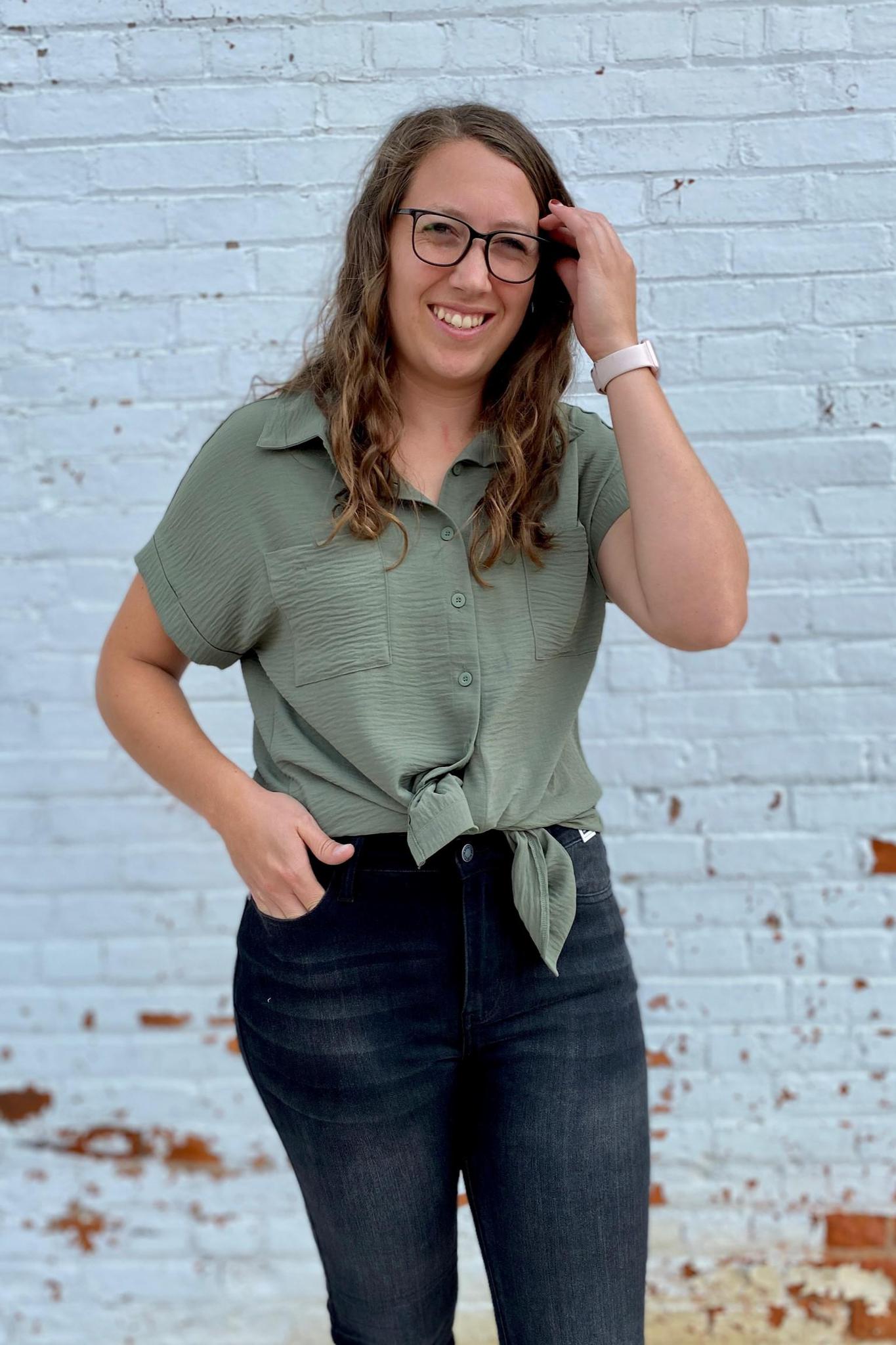 Woven Button Up Blouse, Light Olive