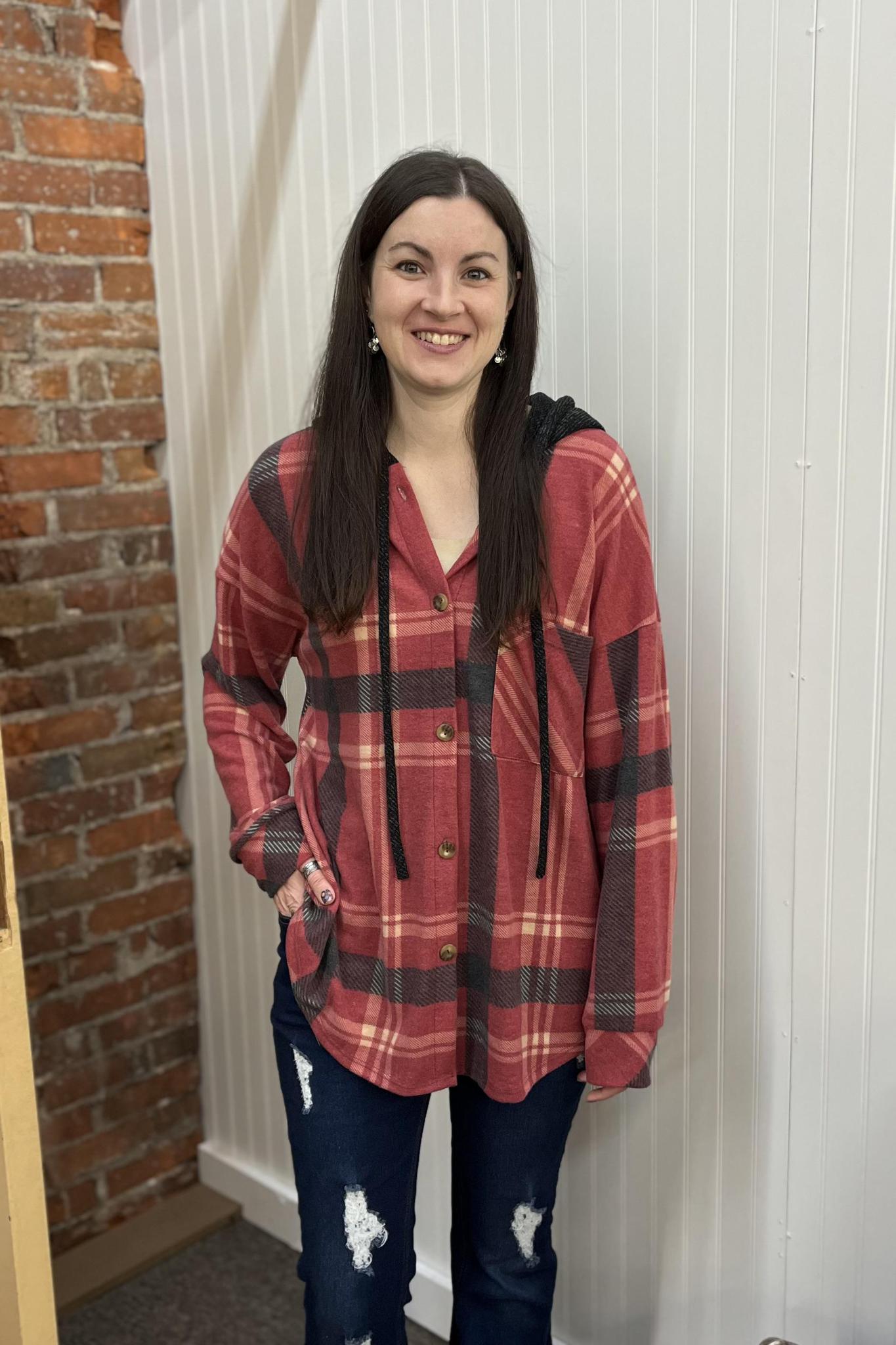 Hooded Soft Plaid Shacket - Red