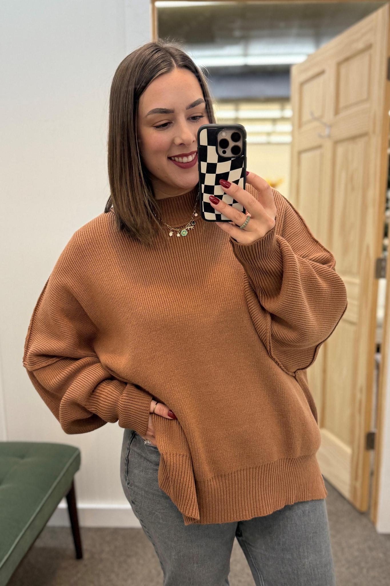 Camel Side Slit Oversized Sweater