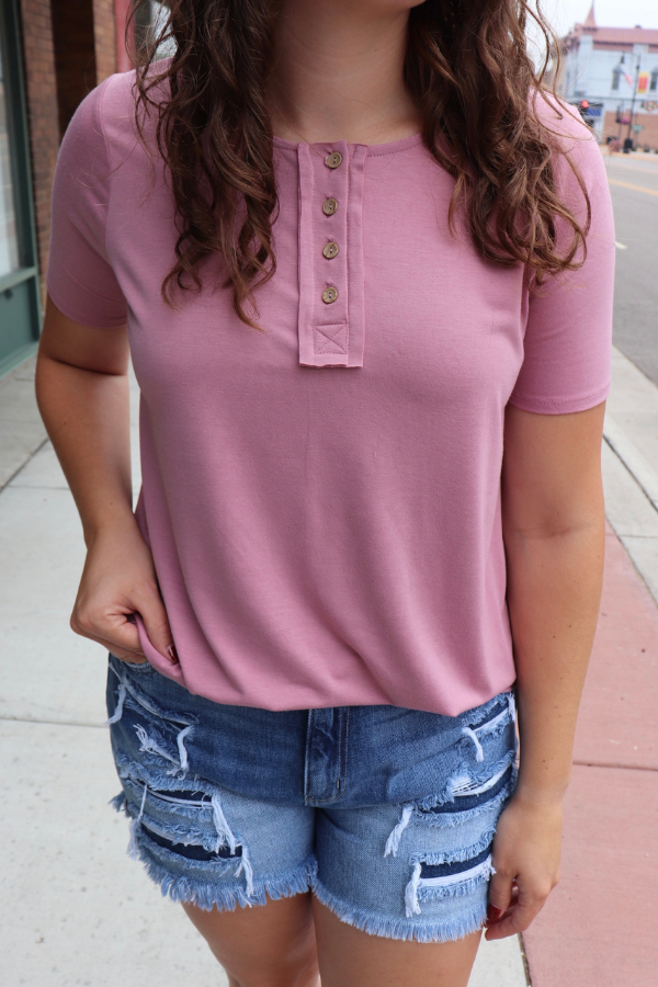 Light Rose Short Sleeve Tee with Buttons
