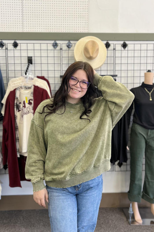 Acid Wash Fleece Pullover - Olive