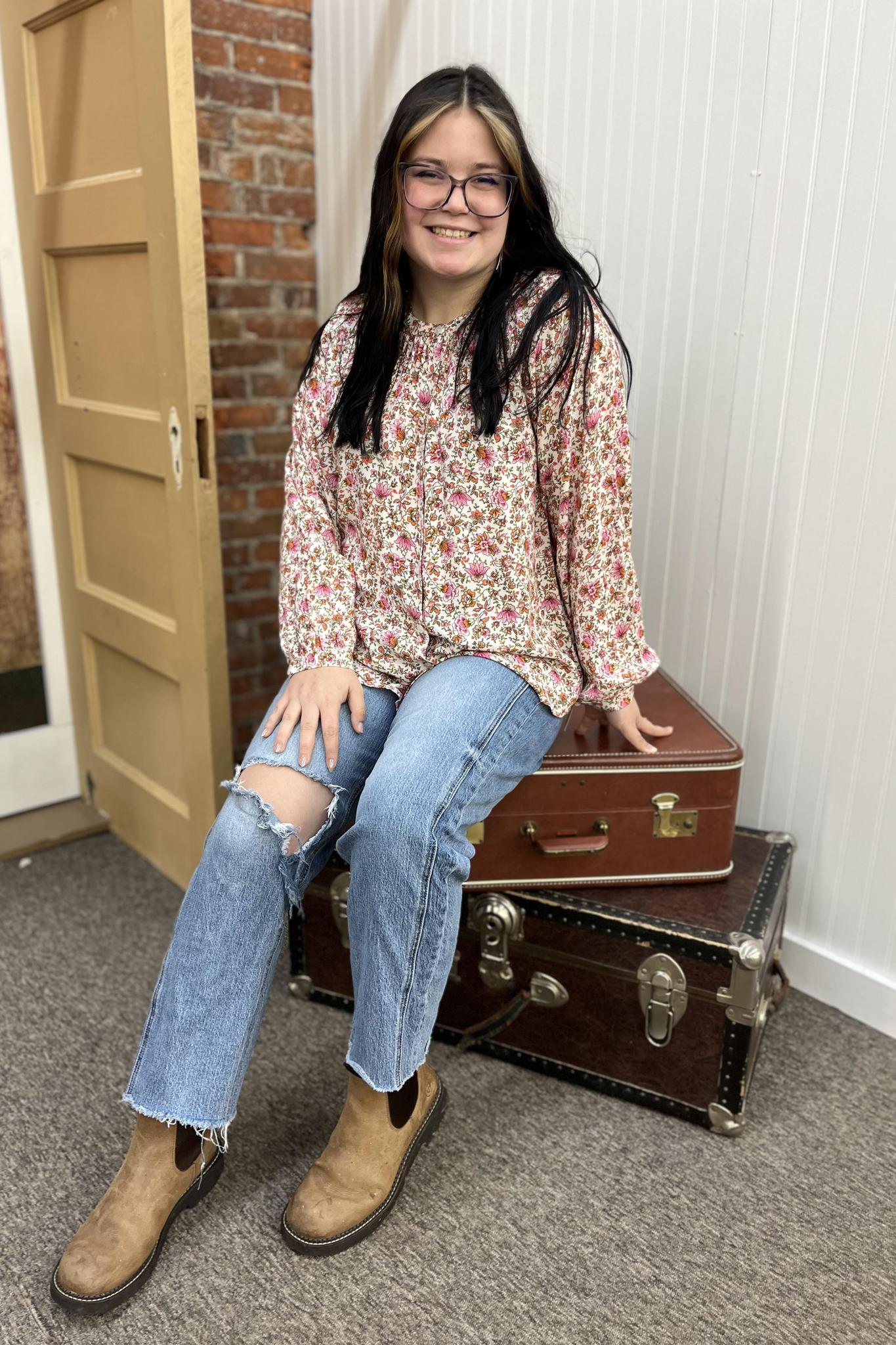 Floral Print Pleated Detail Notched Neck Blouse