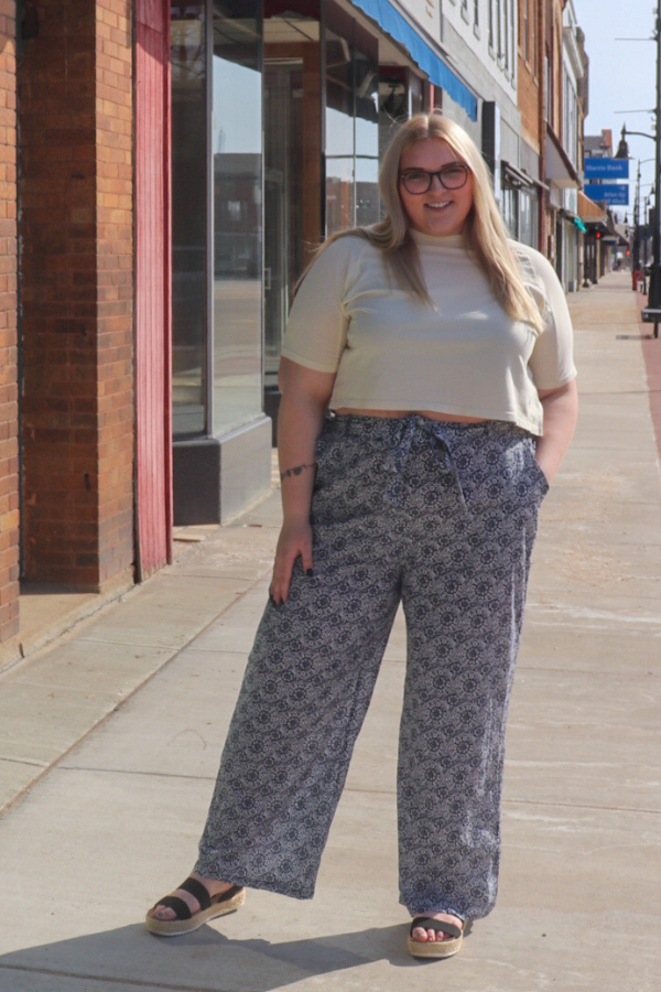 Navy Patterned Wide Leg Pants
