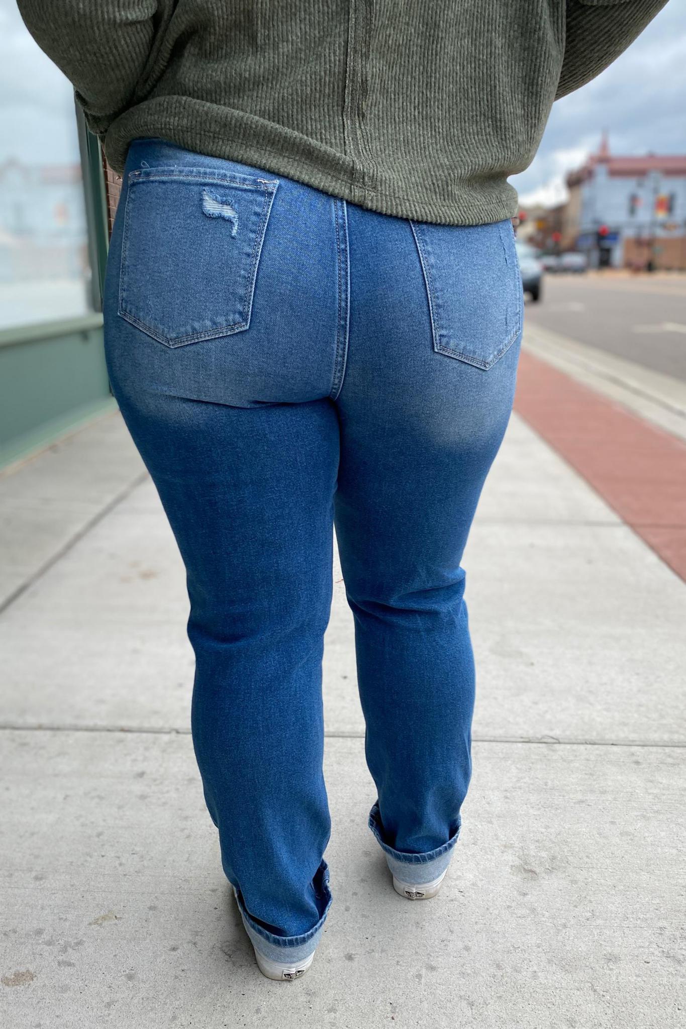 Kancan High Rise Straight Leg Jeans with Distressed Knee