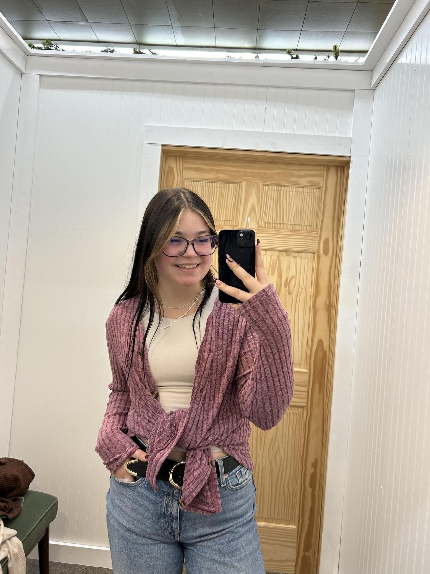 Long Sleeve V-Neck Button Cardigan - Fuchsia