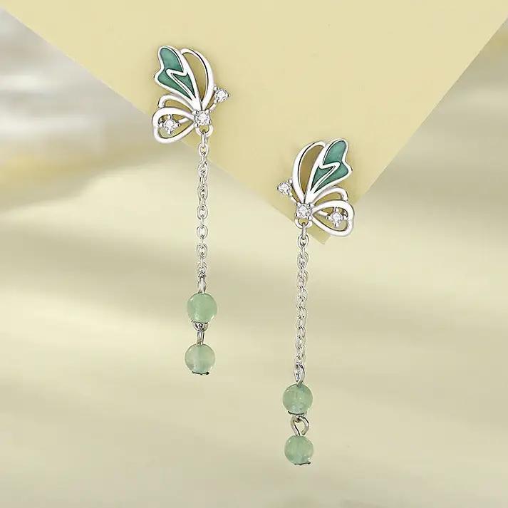 Green Butterfly Dangle Drop Earrings