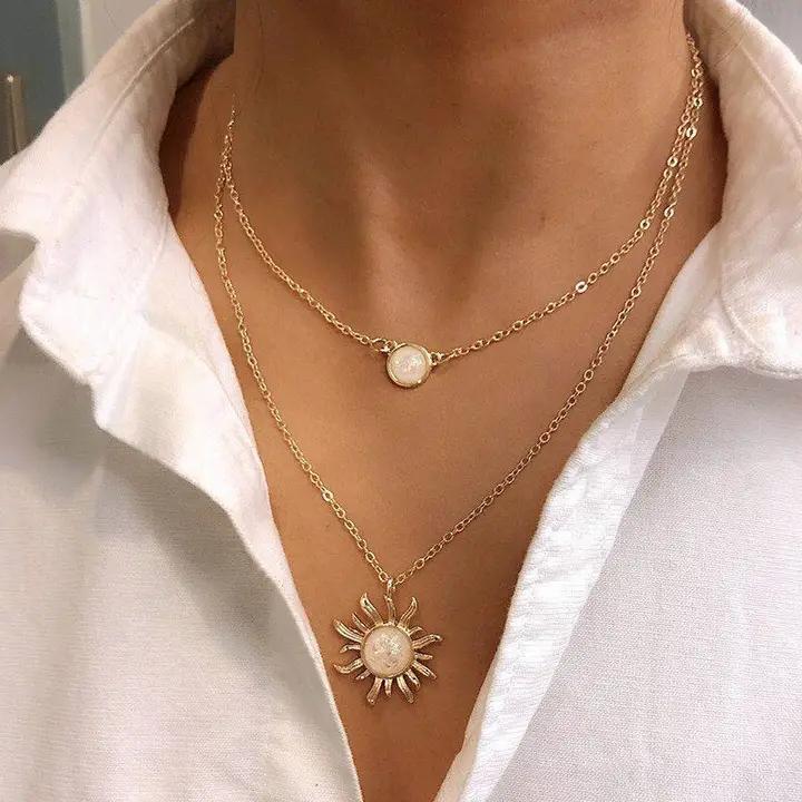 Dainty Sun Moon Opal Charm Layering Necklace