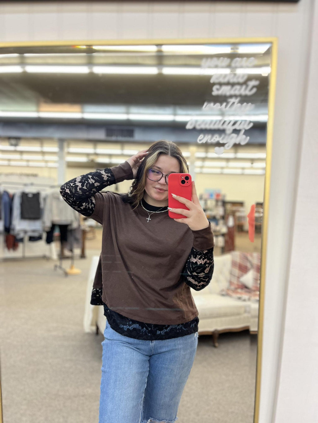 Dark Brown Sheer Lace Patchwork