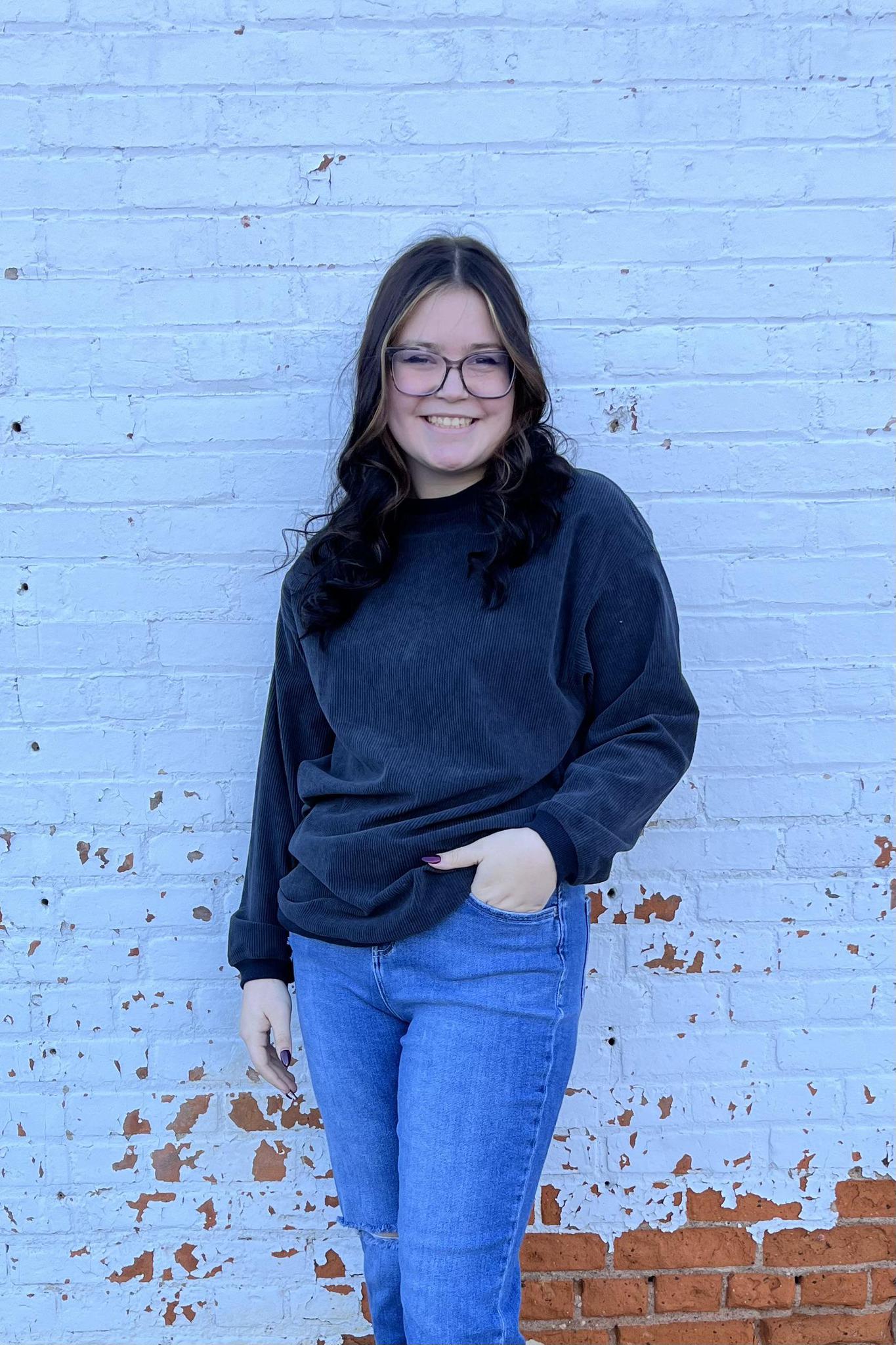 Long Sleeve Ribbed Corded Oversized Sweatshirt - Dark Grey