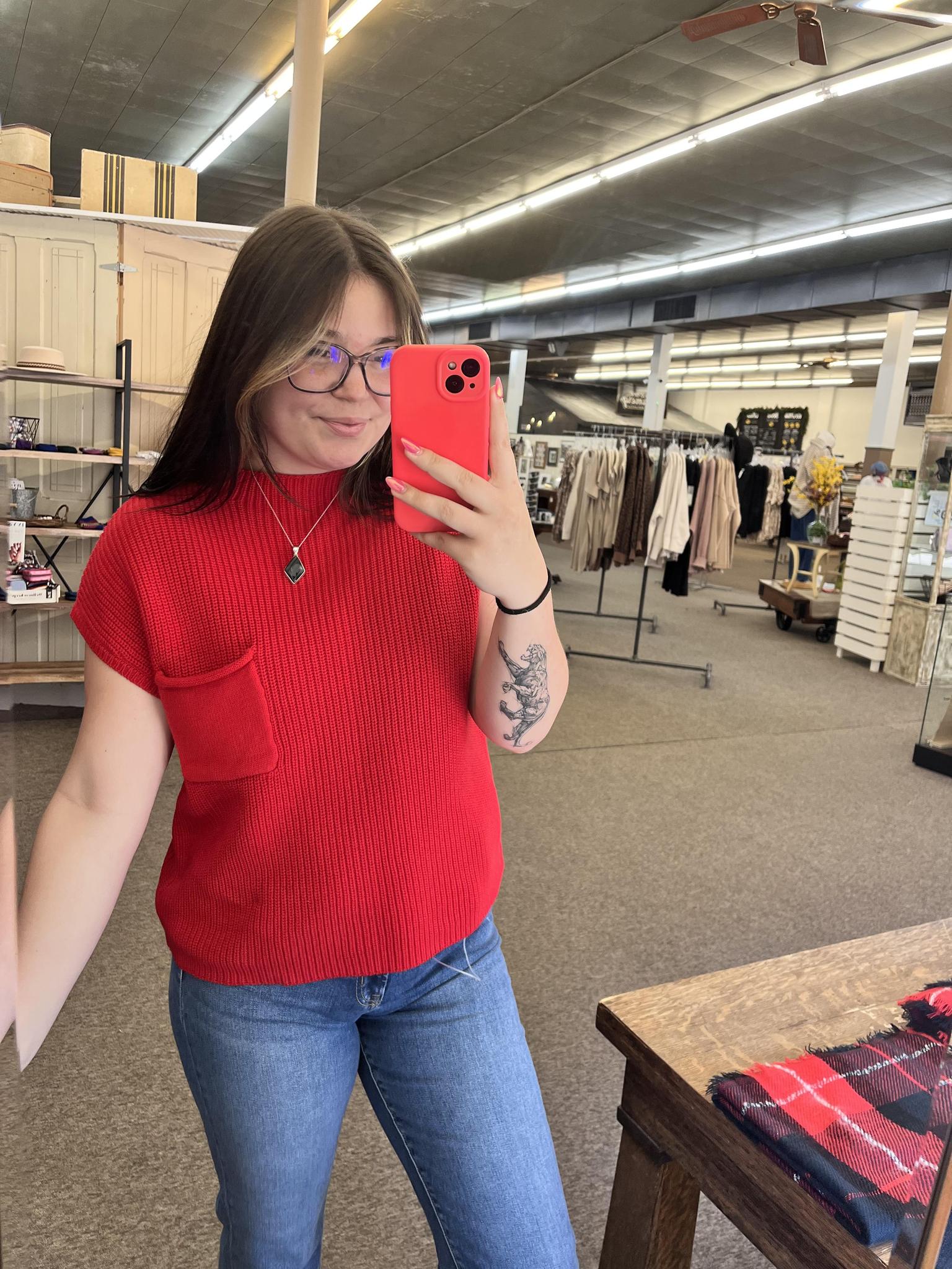 Mock Neck Short Sleeve Sweater - Red