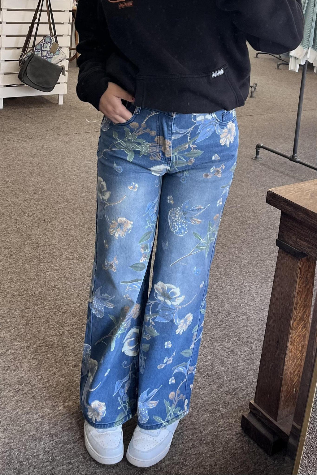 Floral Print Wide Leg High Waist Denim Jeans