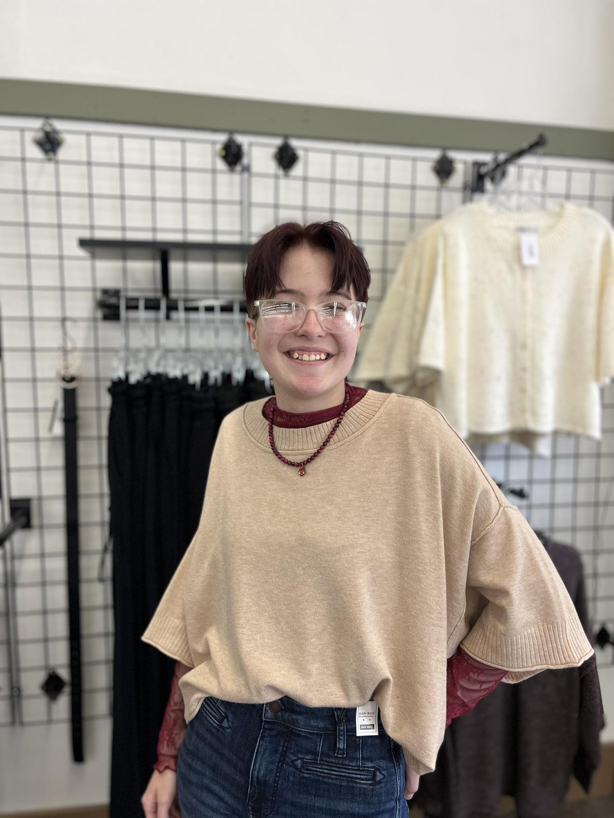 Mock Neck Short Sleeve Sweater Beige
