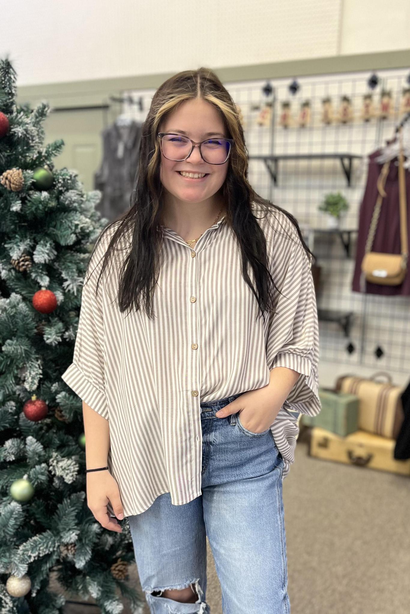 Striped 3/4 Sleeve Button Up - Mocha