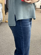 Rib Cuff Sleeve Raw Edge Top - Blue/Grey