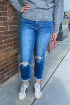 Kancan High Rise Straight Leg Jeans with Distressed Knee