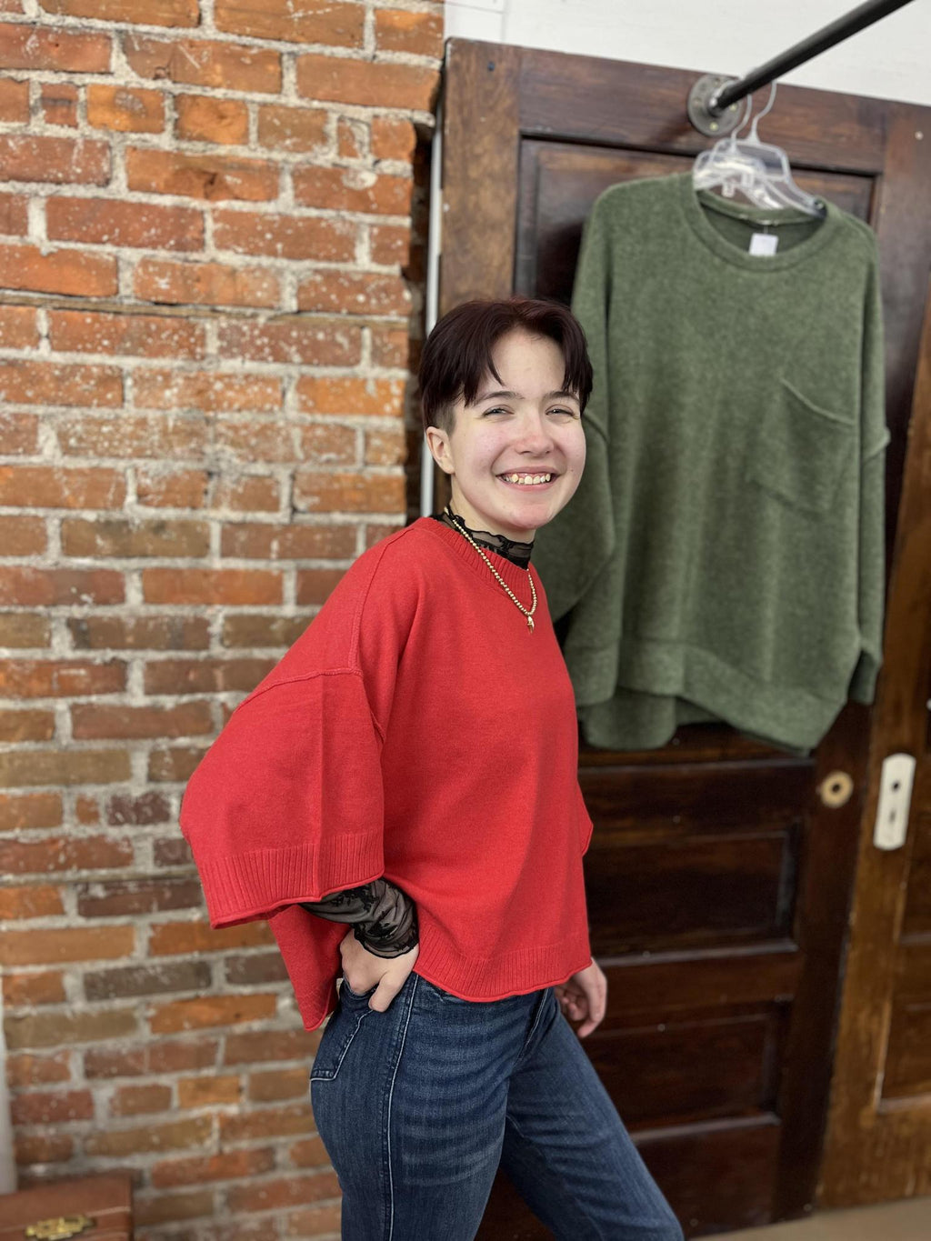 Mock Neck Short Sleeve Sweater Red
