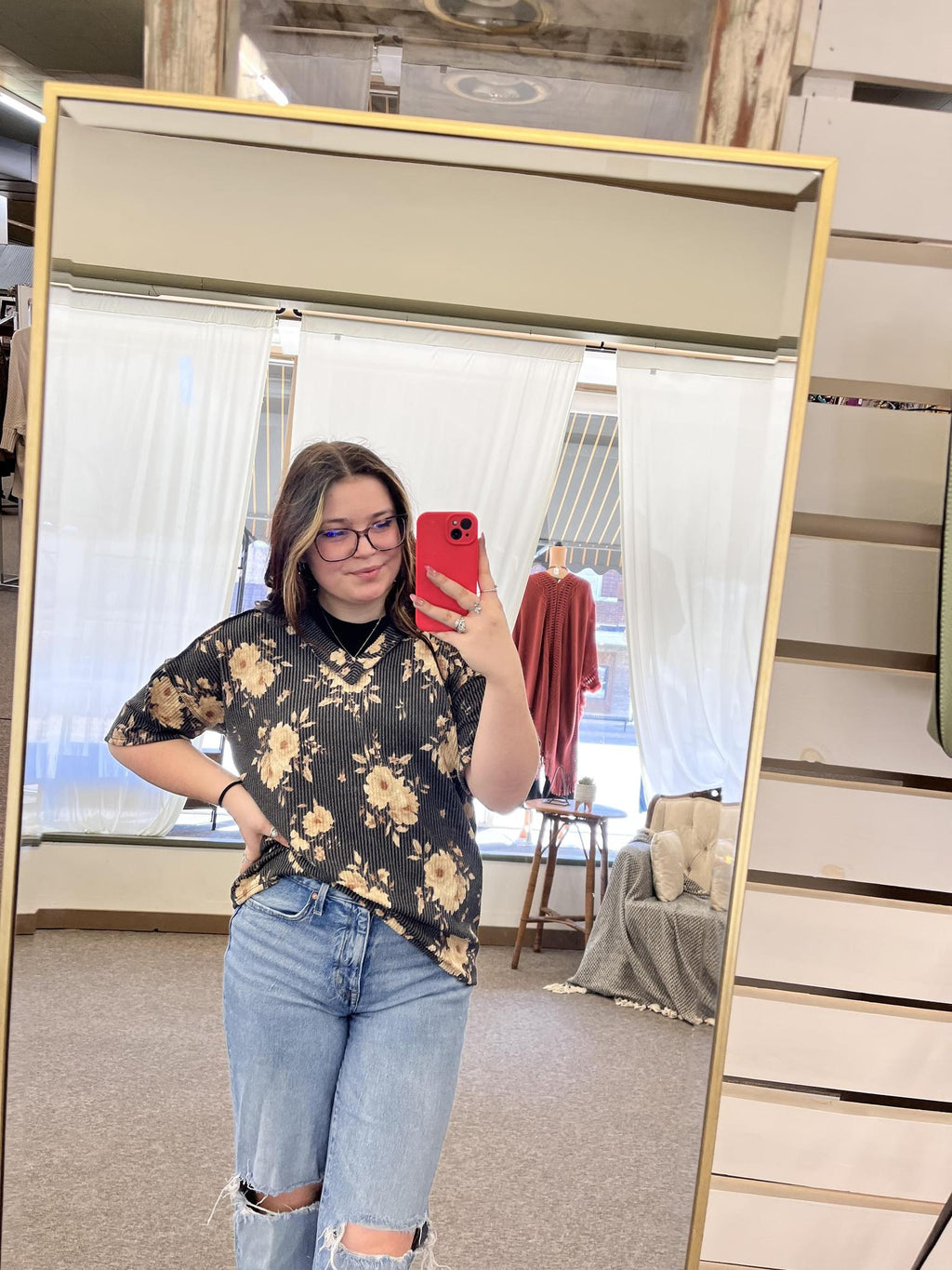 Floral Ribbed Top - Charcoal
