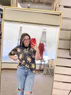 Floral Ribbed Top - Charcoal