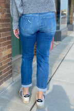 Kancan High Rise Straight Leg Jeans with Distressed Knee