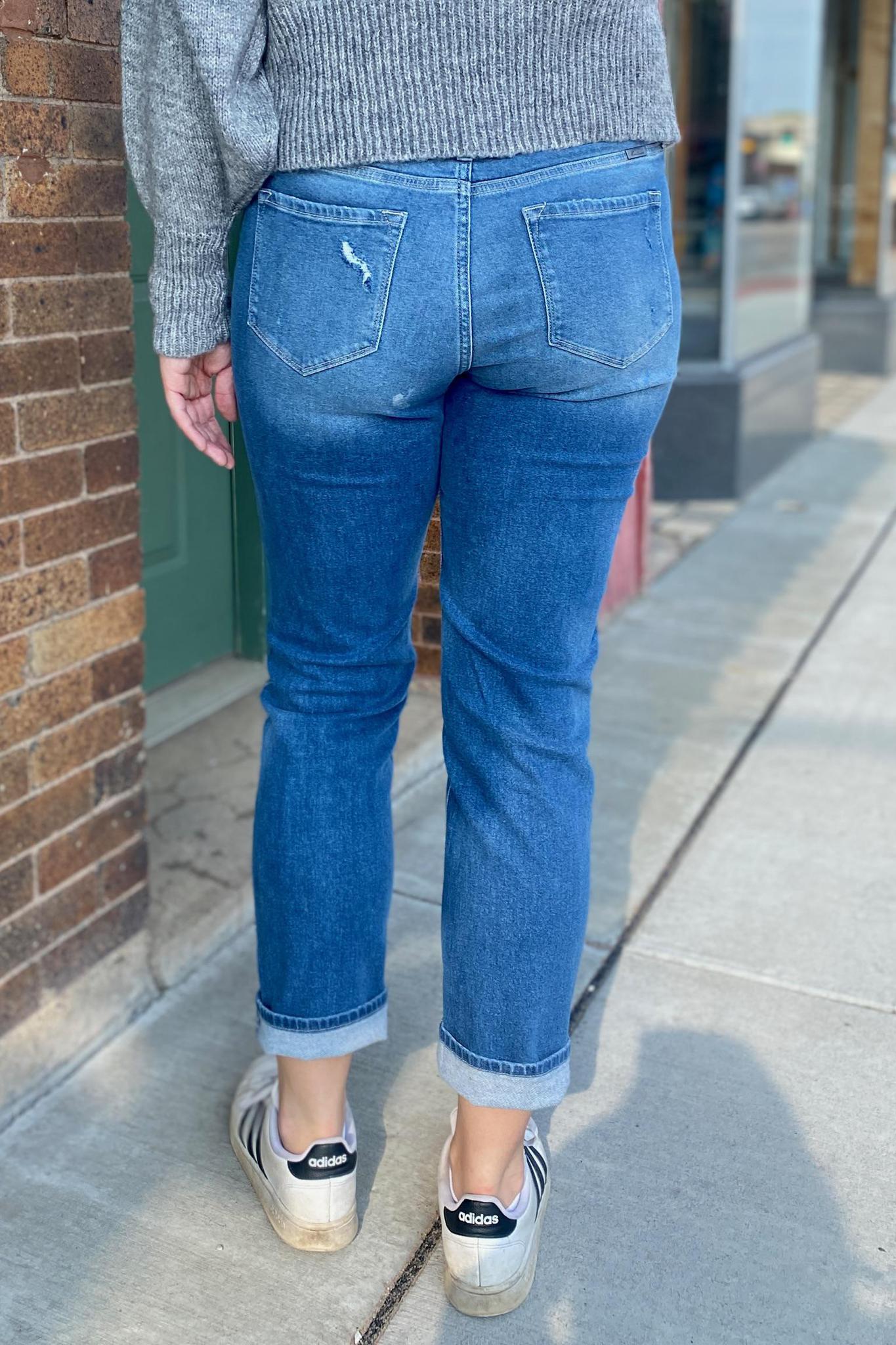 Kancan High Rise Straight Leg Jeans with Distressed Knee