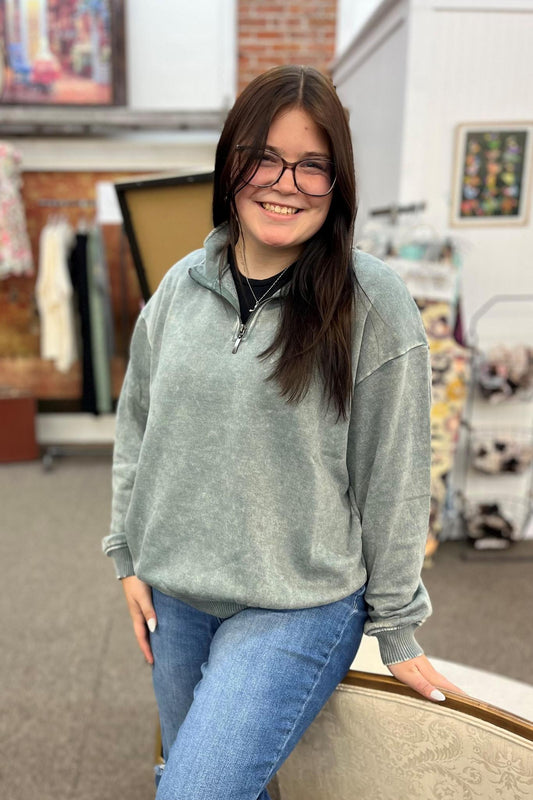 Jade Acid Wash Quarter Zip Pullover