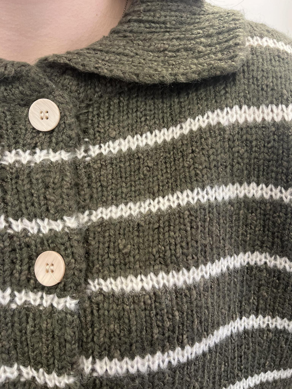 Striped Collared 5 Button Cardigan - DK Olive
