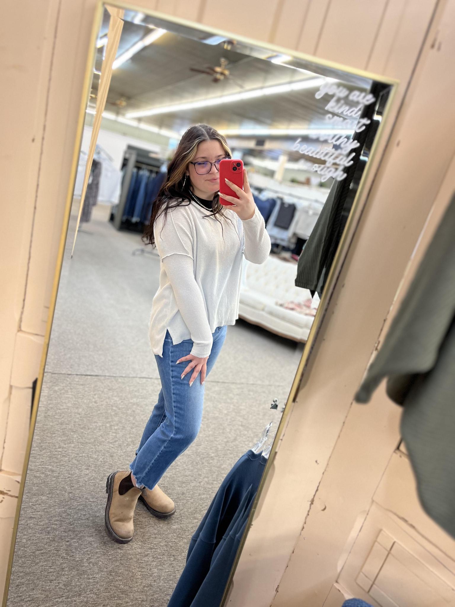 Brushed Ribbed Drop Shoulder V-neck Sweater - Bone