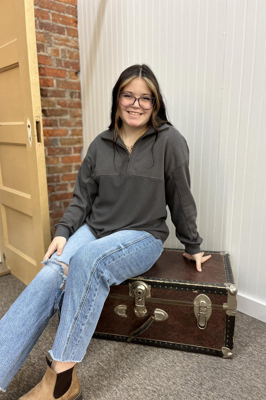 Waffle Knit Patchwork Half Zipped Casual