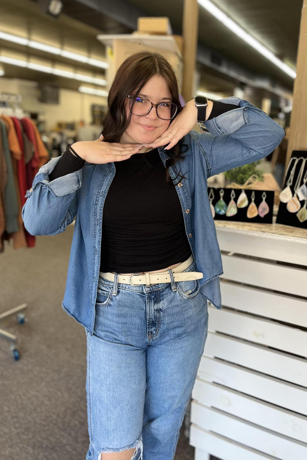 Chambray 3/4 Sleeve Button Down