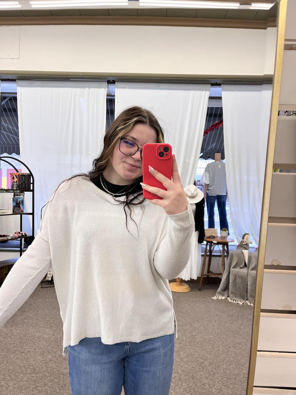 Brushed Ribbed Drop Shoulder V-neck Sweater - Bone