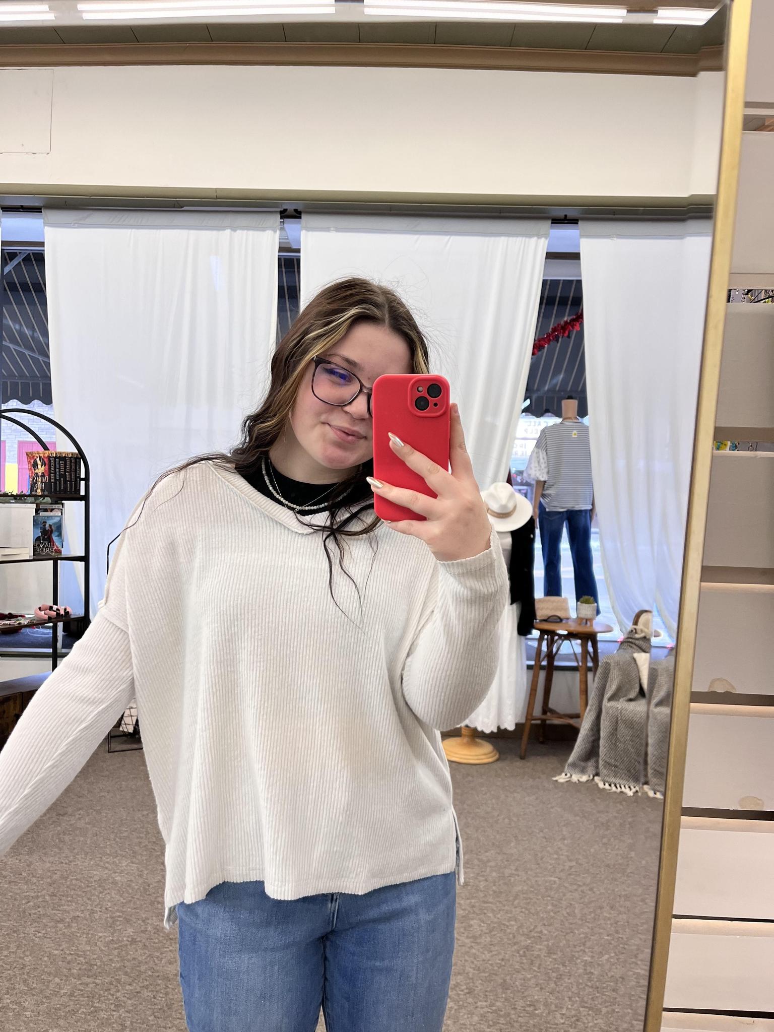 Brushed Ribbed Drop Shoulder V-neck Sweater - Bone