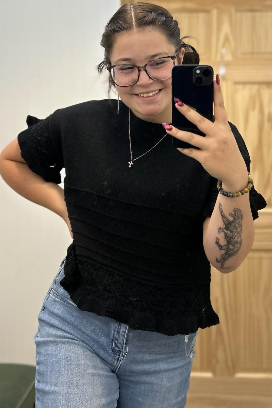 Boho Eyelet Ruffle Sleeve Tee - Black