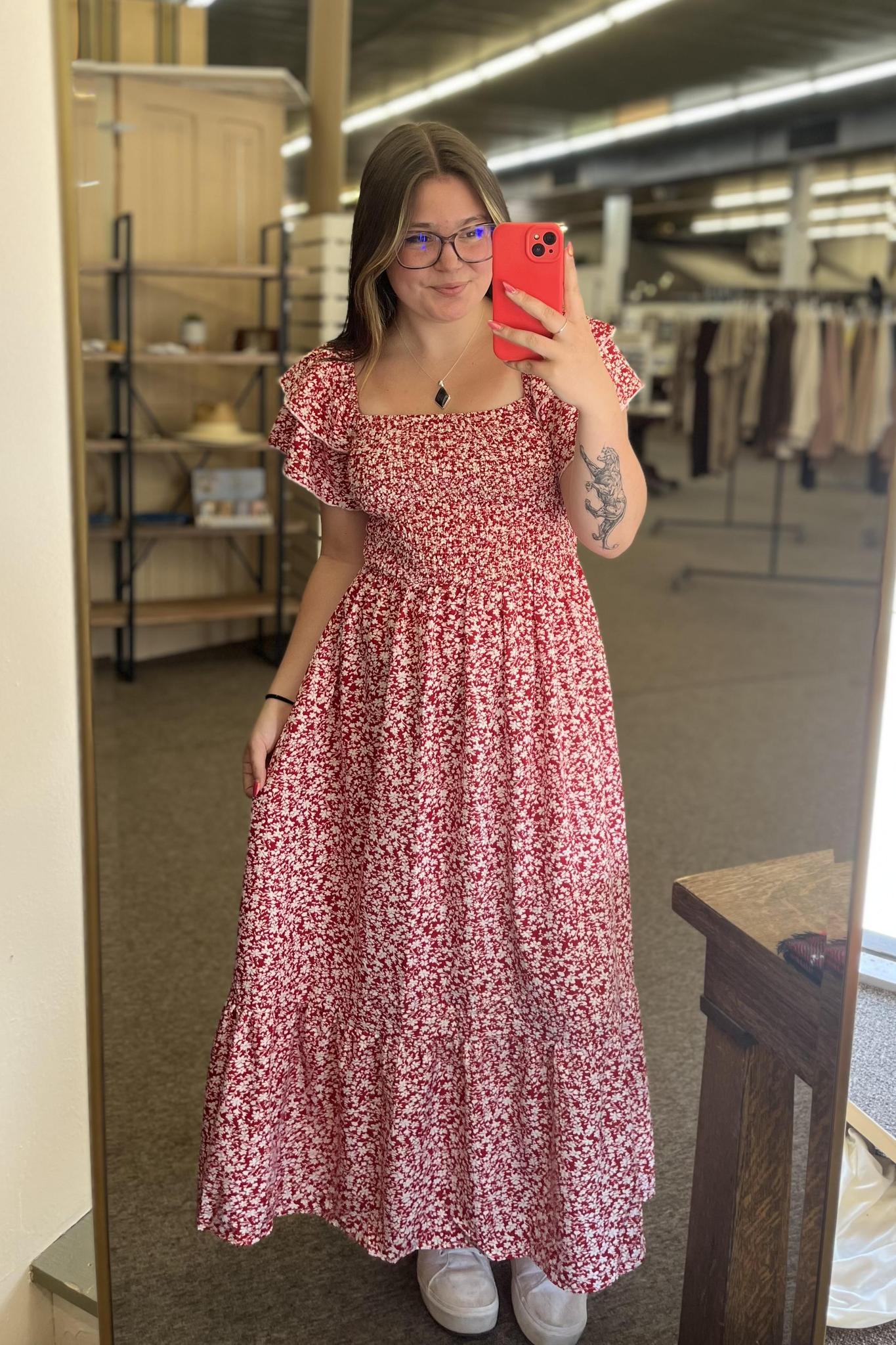 Floral Square Neck Smocked Dress