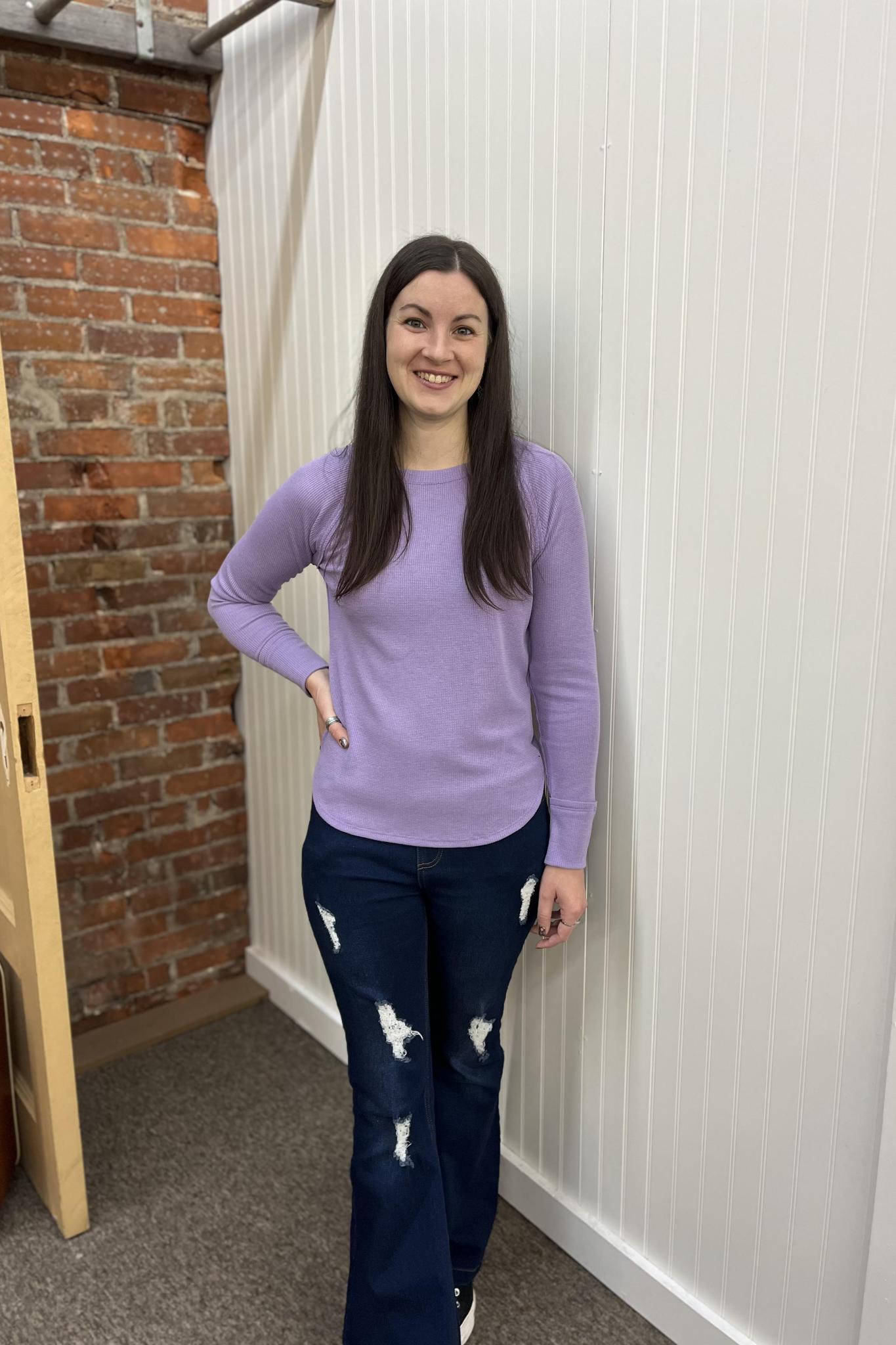 Waffle Knit Long Sleeve Top - Lavender