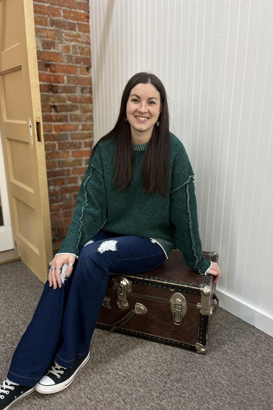 Exposed Seam Round Neck Sweater - Green