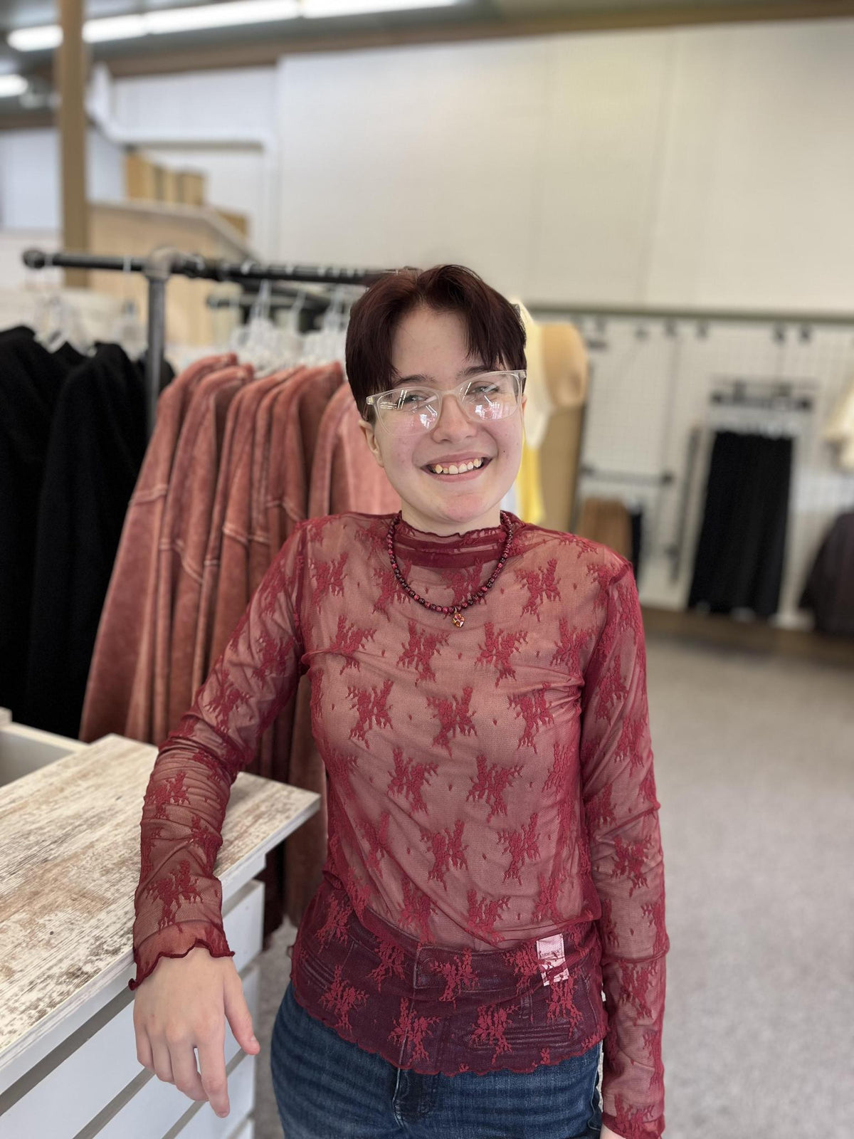 Lace See-Through Layering Top - Red