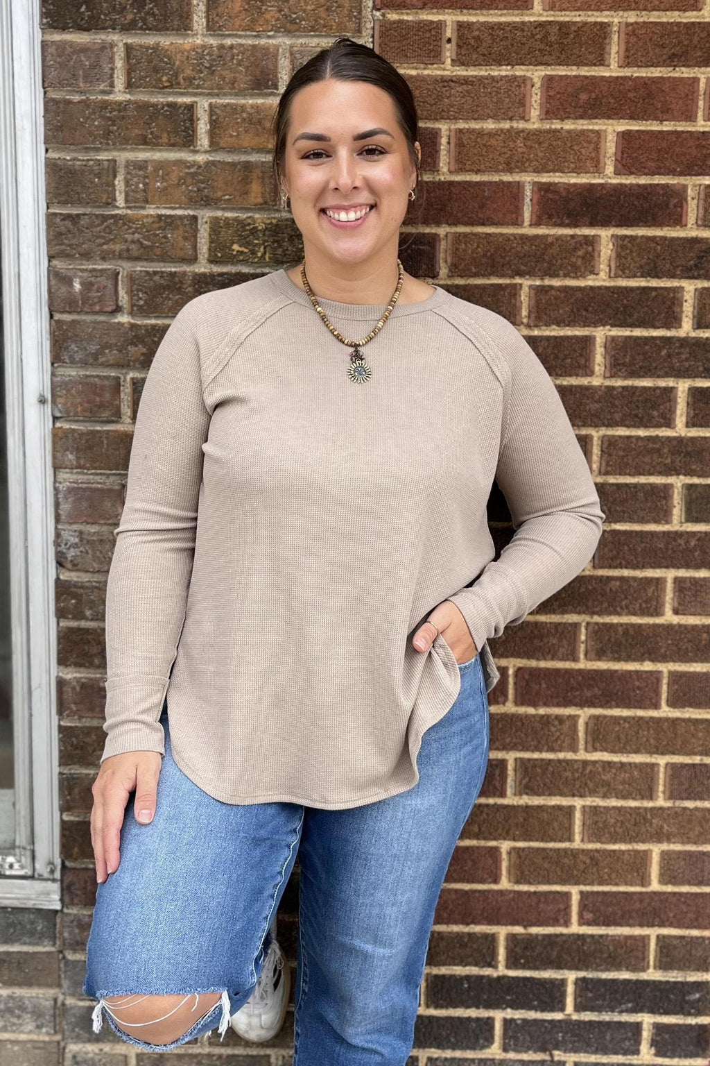 Waffle Knit Long Sleeve Top - Ash Mocha