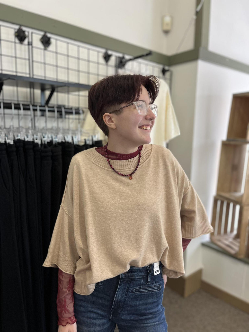 Mock Neck Short Sleeve Sweater Beige