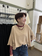 Mock Neck Short Sleeve Sweater Beige