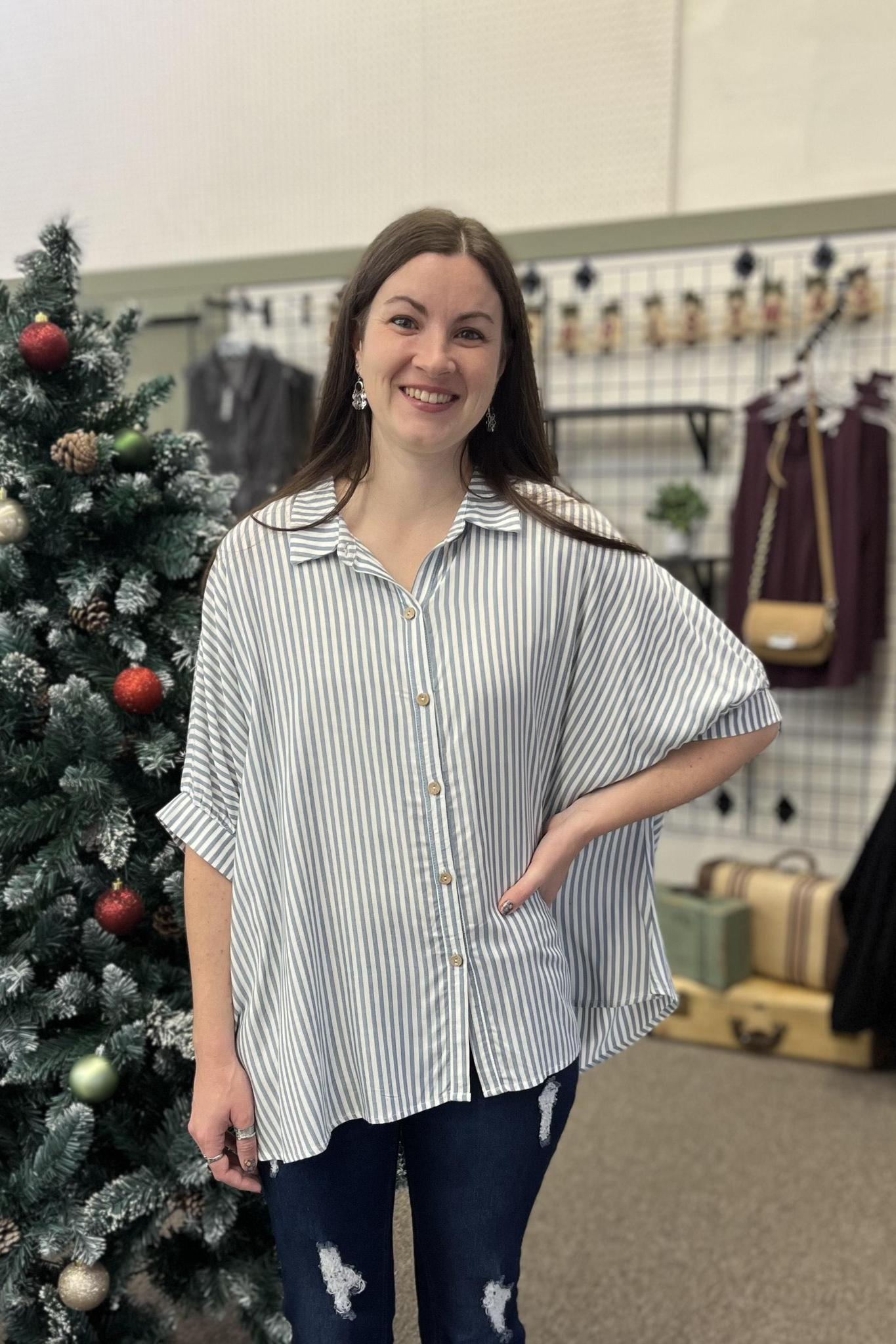 Striped 3/4 Sleeve Button Up - Teal