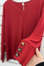 V-Neck Button Sleeve - Burgundy