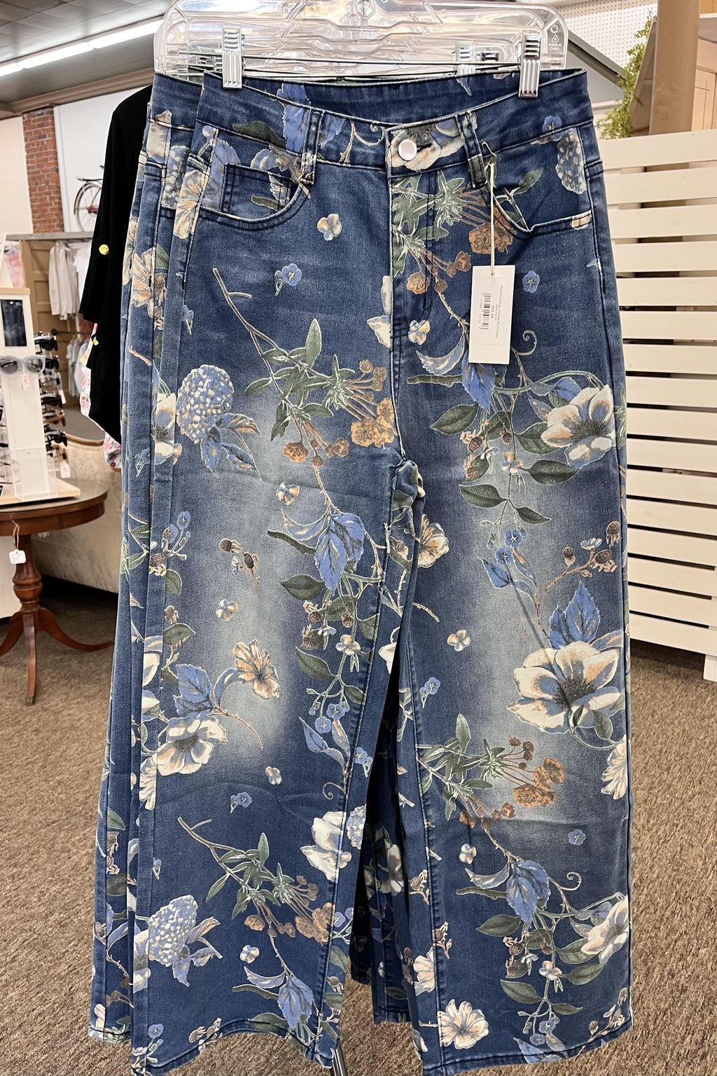 Floral Print Wide Leg High Waist Denim Jeans