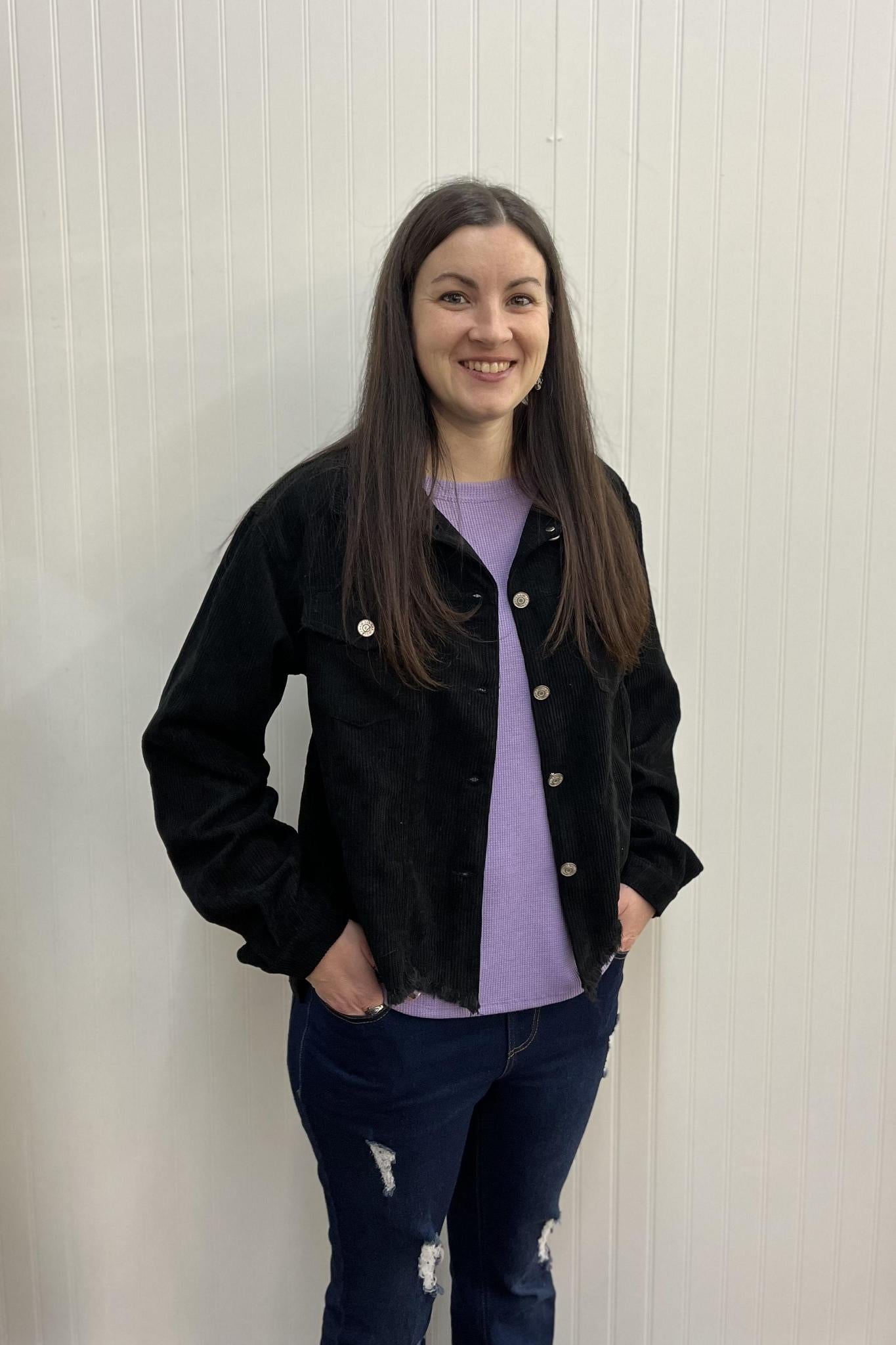 Distressed Corduroy Cropped Jacket - Black