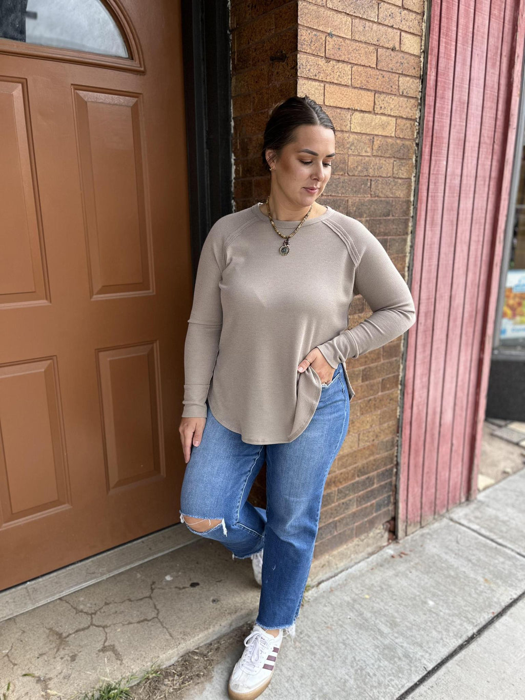 Waffle Knit Long Sleeve Top - Ash Mocha