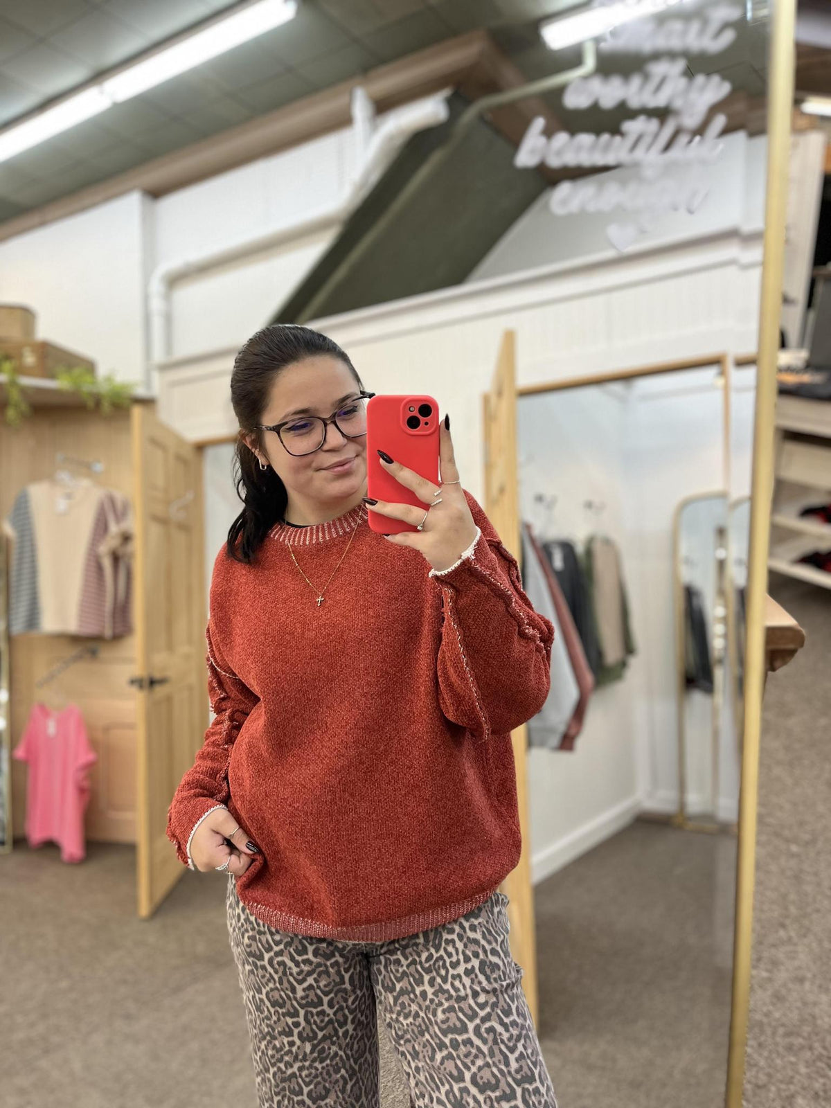 Exposed Seam Chenille Sweater - Rust