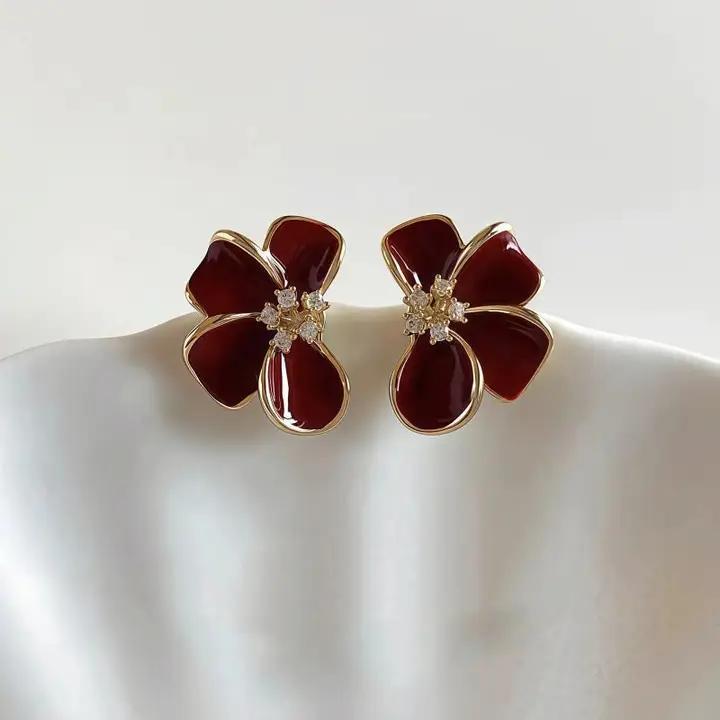 Pink Enamel Four Petal Flower Stud Earrings