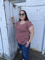 Stripe Short Sleeve Round Neck Top - Red