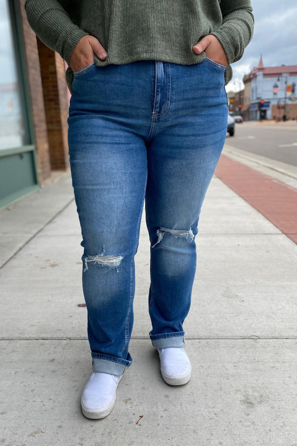 Kancan High Rise Straight Leg Jeans with Distressed Knee