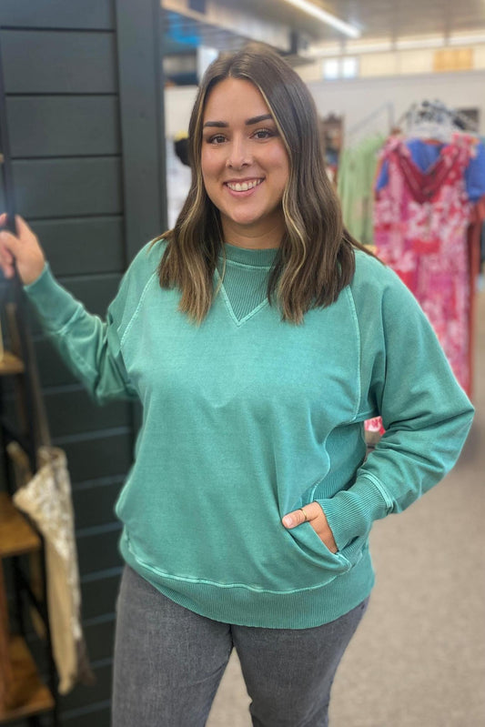 Green Exposed Stitch Sweatshirt with Pockets